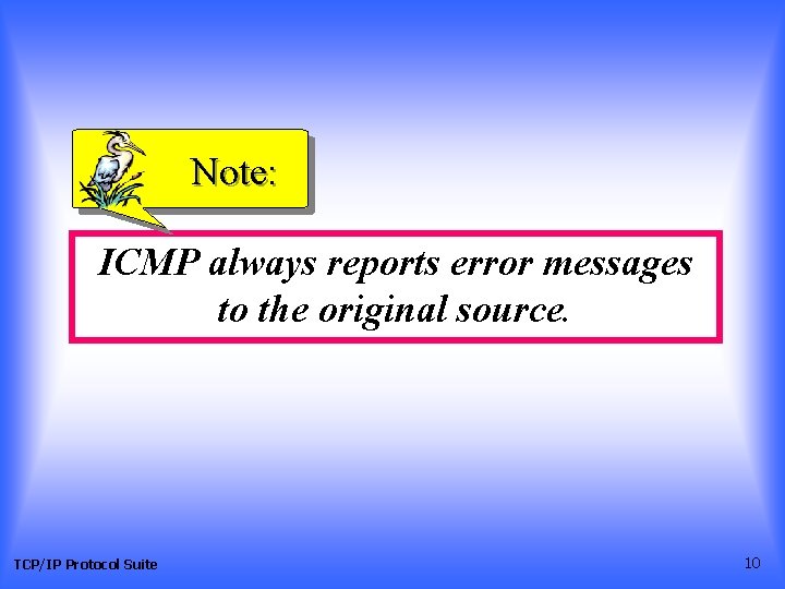 Note: ICMP always reports error messages to the original source. TCP/IP Protocol Suite 10