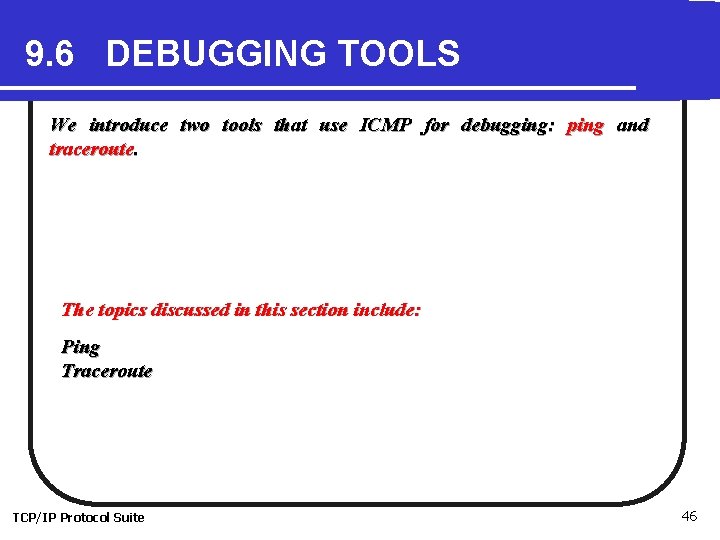 9. 6 DEBUGGING TOOLS We introduce two tools that use ICMP for debugging: ping