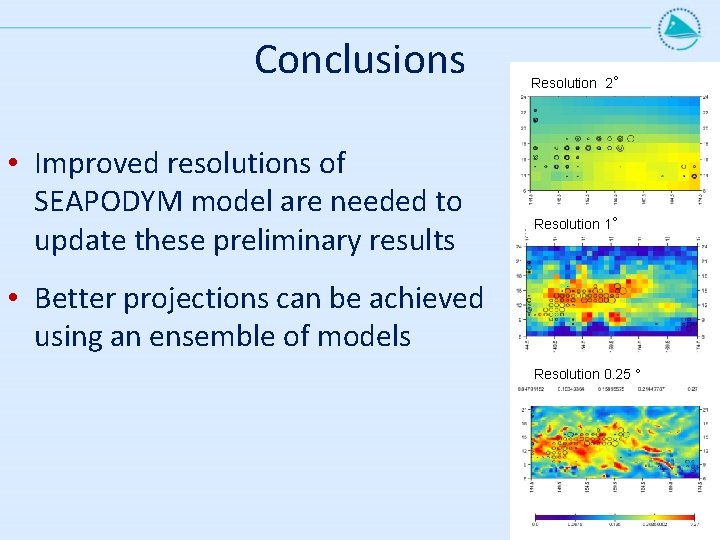 Conclusions • Improved resolutions of SEAPODYM model are needed to update these preliminary results