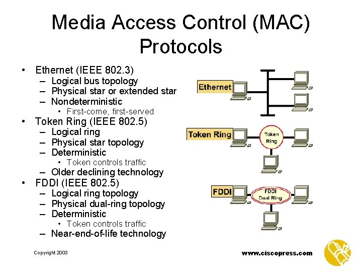 Media Access Control (MAC) Protocols • Ethernet (IEEE 802. 3) – Logical bus topology