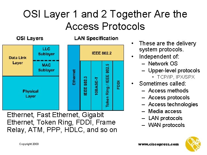 OSI Layer 1 and 2 Together Are the Access Protocols • These are the