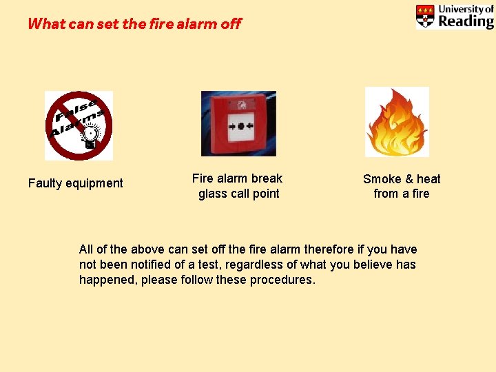 What can set the fire alarm off Faulty equipment Fire alarm break glass call