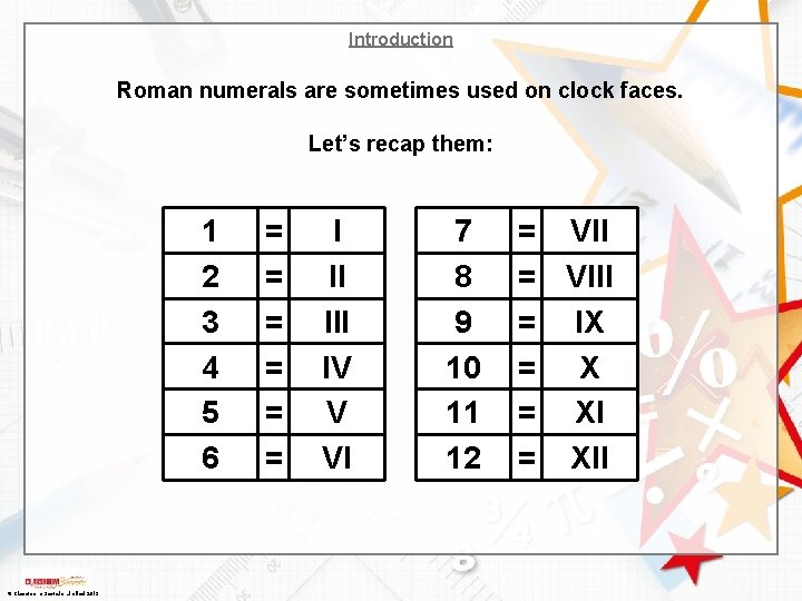 Introduction Roman numerals are sometimes used on clock faces. Let’s recap them: 1 2