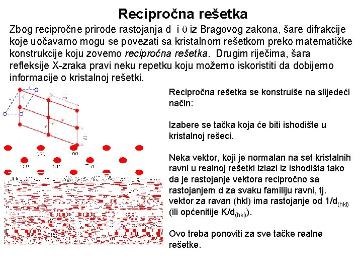 Recipročna rešetka Zbog recipročne prirode rastojanja d i q iz Bragovog zakona, šare difrakcije