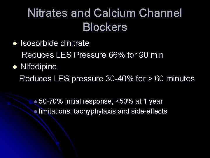 Nitrates and Calcium Channel Blockers Isosorbide dinitrate Reduces LES Pressure 66% for 90 min