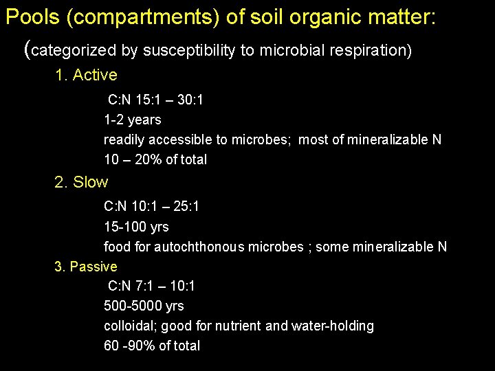 Pools (compartments) of soil organic matter: (categorized by susceptibility to microbial respiration) 1. Active