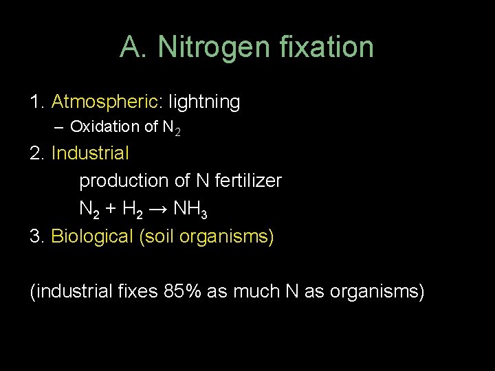 A. Nitrogen fixation 1. Atmospheric: lightning – Oxidation of N 2 2. Industrial production