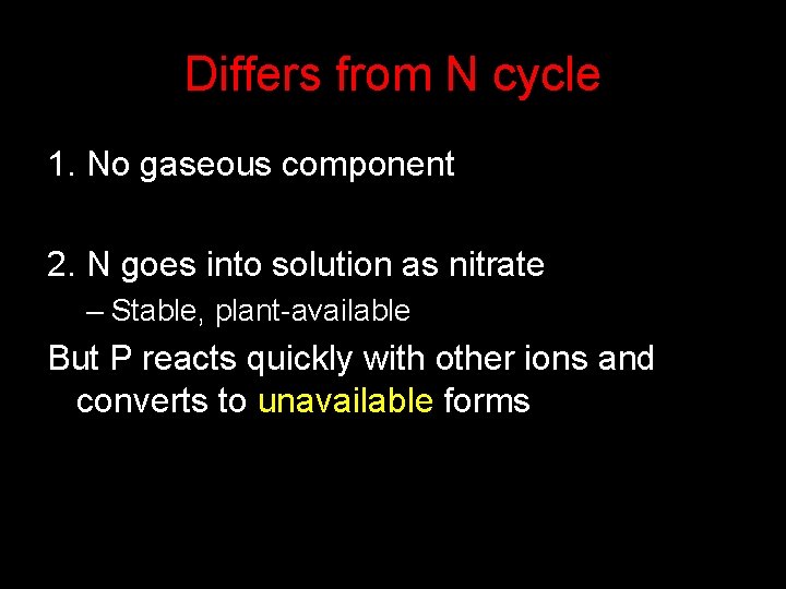 Differs from N cycle 1. No gaseous component 2. N goes into solution as