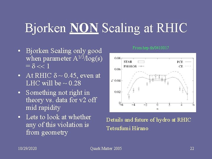 Bjorken NON Scaling at RHIC From hep-th/0410017 • Bjorken Scaling only good when parameter