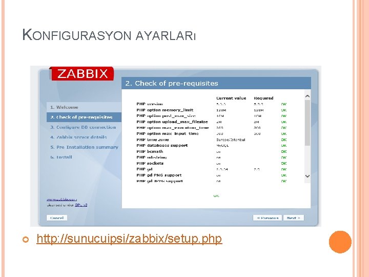 KONFIGURASYON AYARLARı http: //sunucuipsi/zabbix/setup. php 