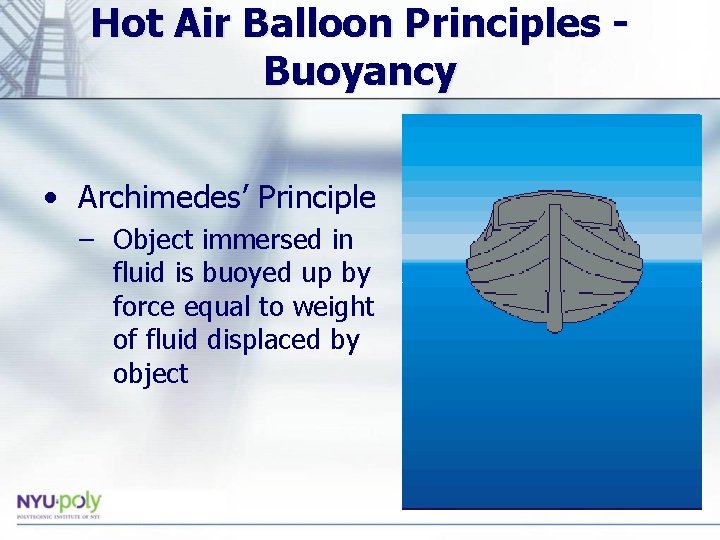 Hot Air Balloon Principles Buoyancy • Archimedes’ Principle – Object immersed in fluid is