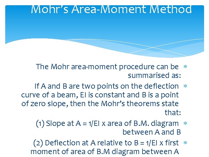Mohr’s Area-Moment Method The Mohr area-moment procedure can be summarised as: If A and
