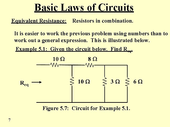 Basic Laws of Circuits Equivalent Resistance: Resistors in combination. It is easier to work