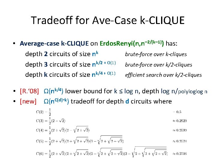 Tradeoff for Ave-Case k-CLIQUE • Average-case k-CLIQUE on Erdos. Renyi(n, n– 2/(k– 1)) has: