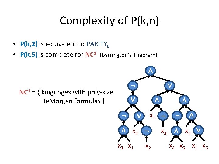 Complexity of P(k, n) • P(k, 2) is equivalent to PARITYk • P(k, 5)