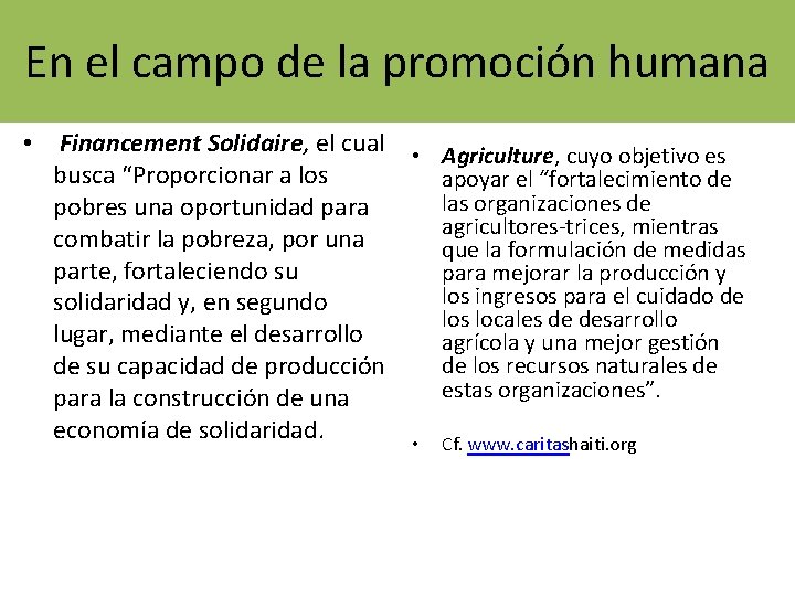 En el campo de la promoción humana • Financement Solidaire, el cual • Agriculture,