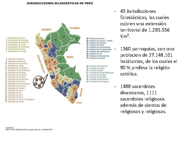 ‐ 45 Jurisdicciones Eclesiásticas, las cuales cubren una extensión territorial de 1. 285. 556