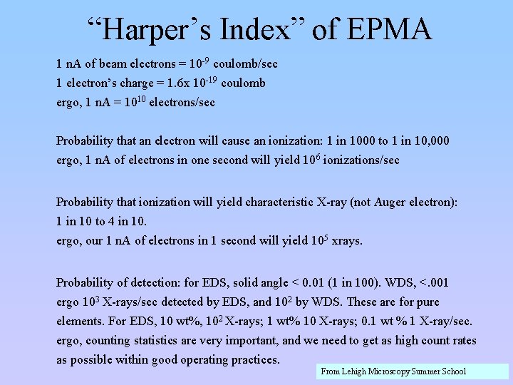 “Harper’s Index” of EPMA 1 n. A of beam electrons = 10 -9 coulomb/sec