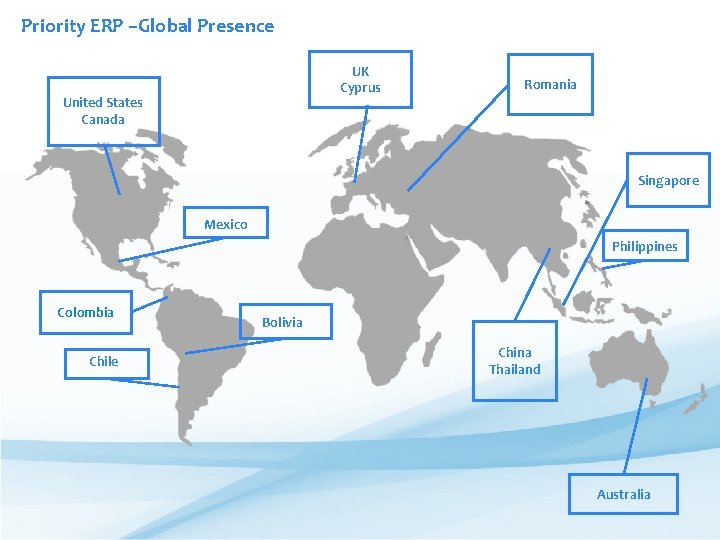 Priority ERP –Global Presence UK Cyprus United States Canada Romania Singapore Mexico Philippines Colombia