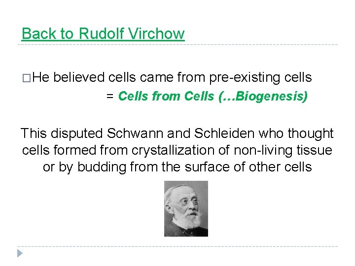 Back to Rudolf Virchow �He believed cells came from pre-existing cells = Cells from