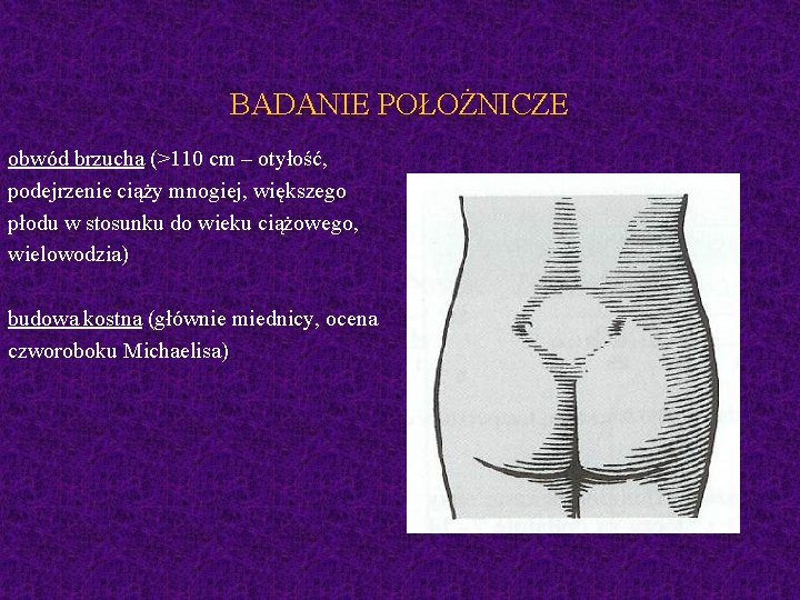 BADANIE POŁOŻNICZE obwód brzucha (>110 cm – otyłość, podejrzenie ciąży mnogiej, większego płodu w