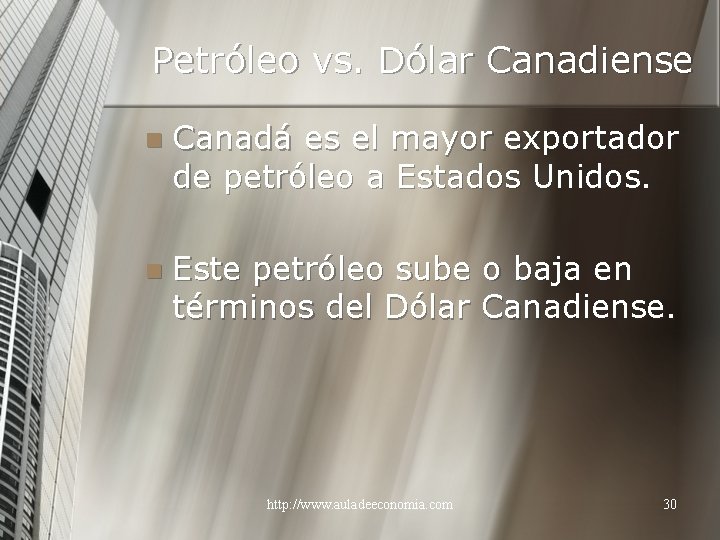 Petróleo vs. Dólar Canadiense n Canadá es el mayor exportador de petróleo a Estados