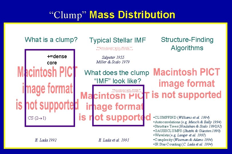 “Clump” Mass Distribution What is a clump? +=dense core Typical Stellar IMF Structure-Finding Algorithms