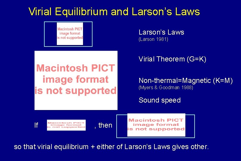 Virial Equilibrium and Larson’s Laws (Larson 1981) Virial Theorem (G=K) Non-thermal=Magnetic (K=M) (Myers &