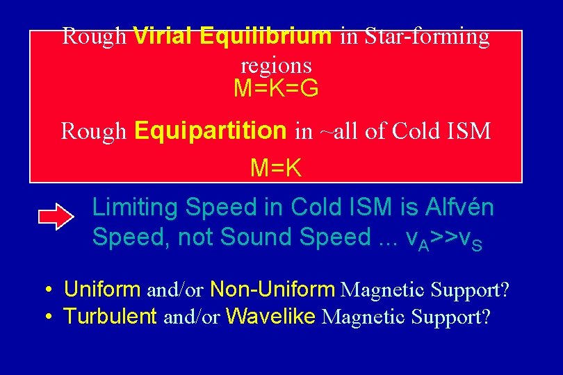 Rough Virial Equilibrium in Star-forming regions M=K=G Rough Equipartition in ~all of Cold ISM