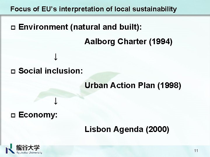 Focus of EU’s interpretation of local sustainability p Environment (natural and built): 　　 Aalborg