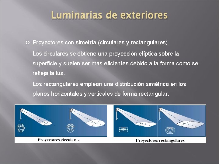 Luminarias de exteriores Proyectores con simetría (circulares y rectangulares). Los circulares se obtiene una