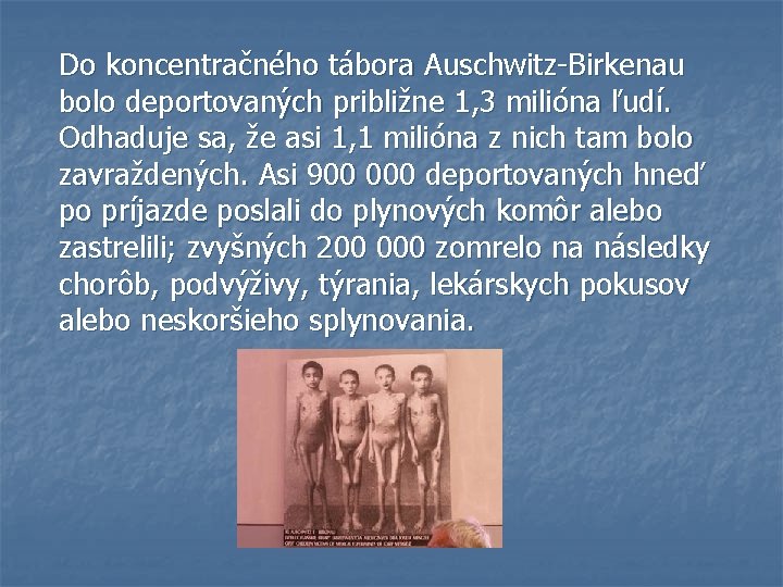 Do koncentračného tábora Auschwitz-Birkenau bolo deportovaných približne 1, 3 milióna ľudí. Odhaduje sa, že