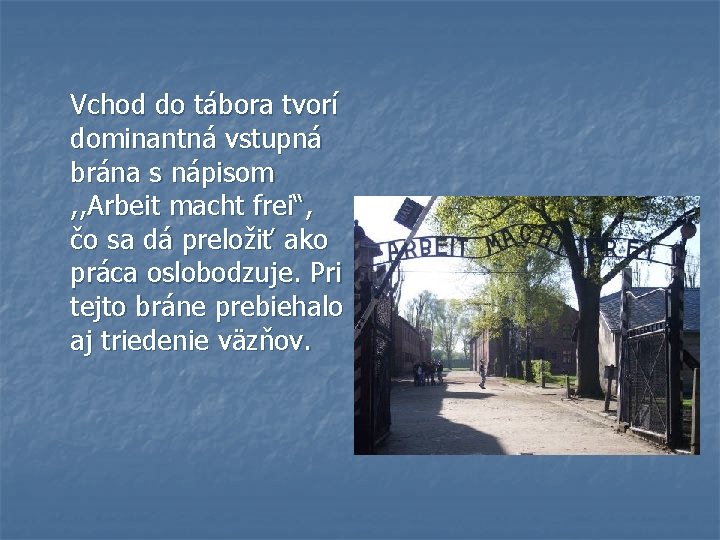 Vchod do tábora tvorí dominantná vstupná brána s nápisom , , Arbeit macht frei“,