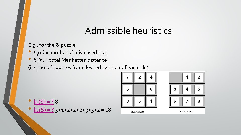 Admissible heuristics E. g. , for the 8 -puzzle: • h 1(n) = number