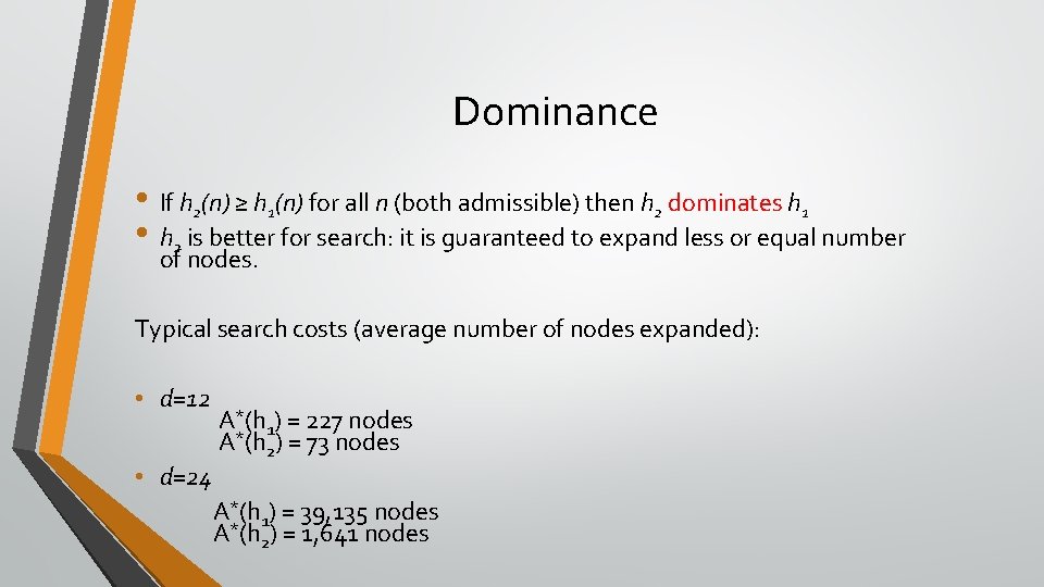 Dominance • If h 2(n) ≥ h 1(n) for all n (both admissible) then