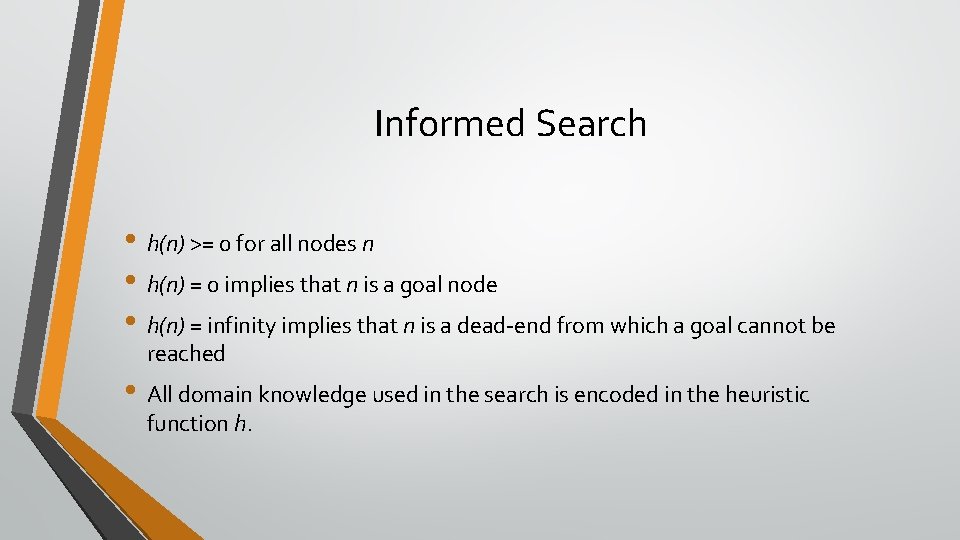 Informed Search • h(n) >= 0 for all nodes n • h(n) = 0