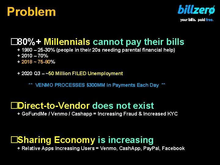 Problem � 80%+ Millennials cannot pay their bills + 1980 – 25 -30% (people