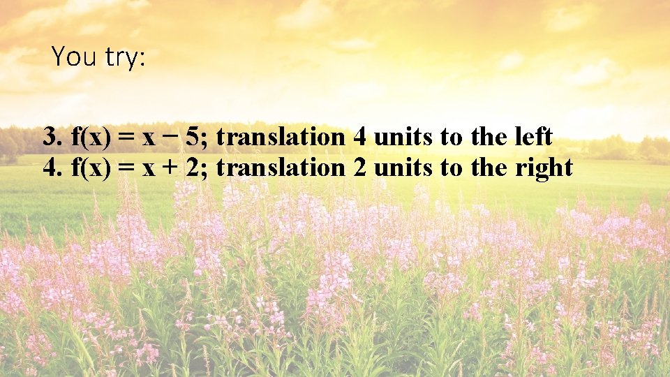 You try: 3. f(x) = x − 5; translation 4 units to the left