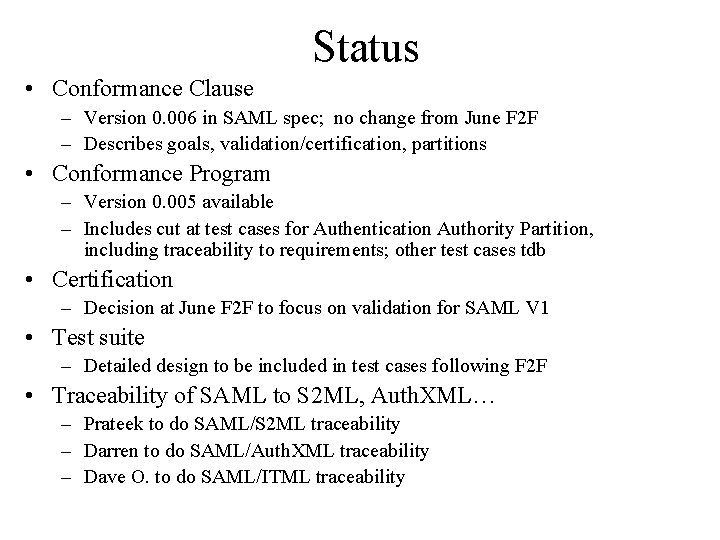 Status • Conformance Clause – Version 0. 006 in SAML spec; no change from