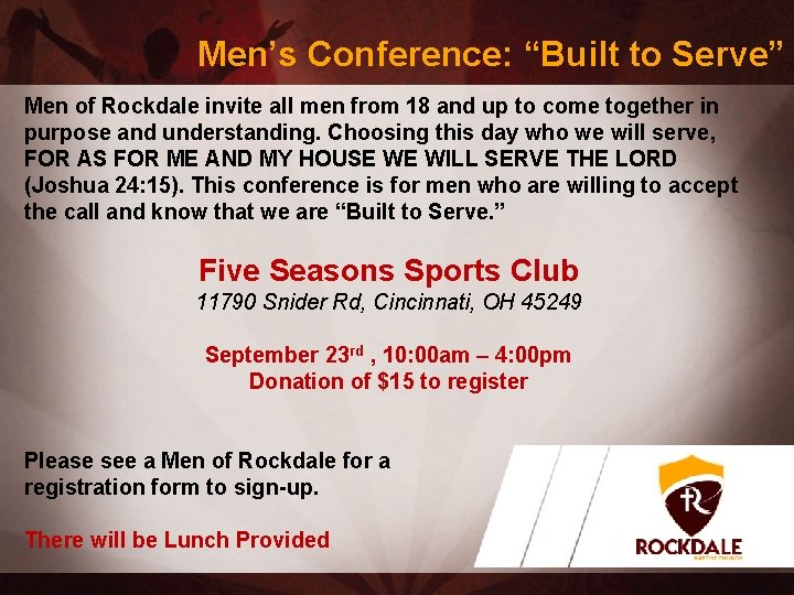 Men’s Conference: “Built to Serve” Men of Rockdale invite all men from 18 and