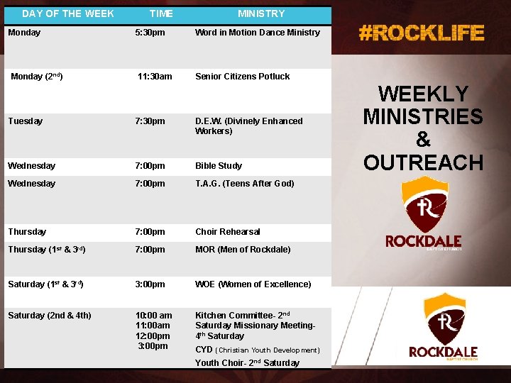 DAY OF THE WEEK TIME MINISTRY Monday 5: 30 pm Word in Motion Dance