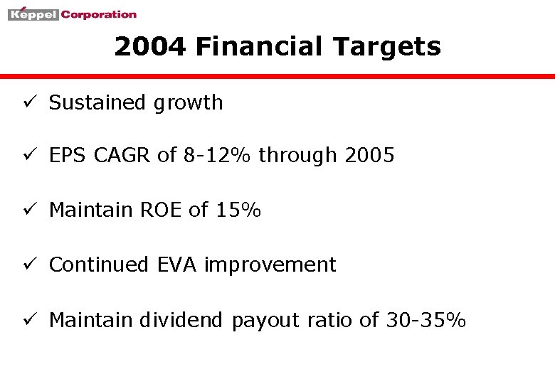 2004 Financial Targets ü Sustained growth ü EPS CAGR of 8 -12% through 2005