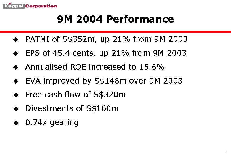 9 M 2004 Performance u PATMI of S$352 m, up 21% from 9 M