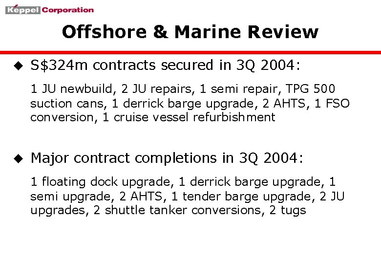 Offshore & Marine Review u S$324 m contracts secured in 3 Q 2004: 1