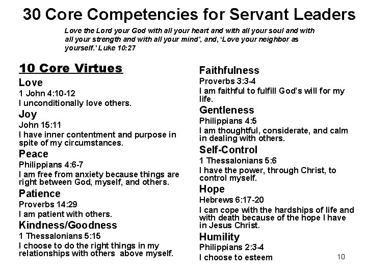 30 Core Competencies for Servant Leaders Love the Lord your God with all your