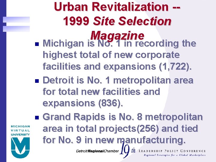 n n n Urban Revitalization -1999 Site Selection Magazine Michigan is No. 1 in