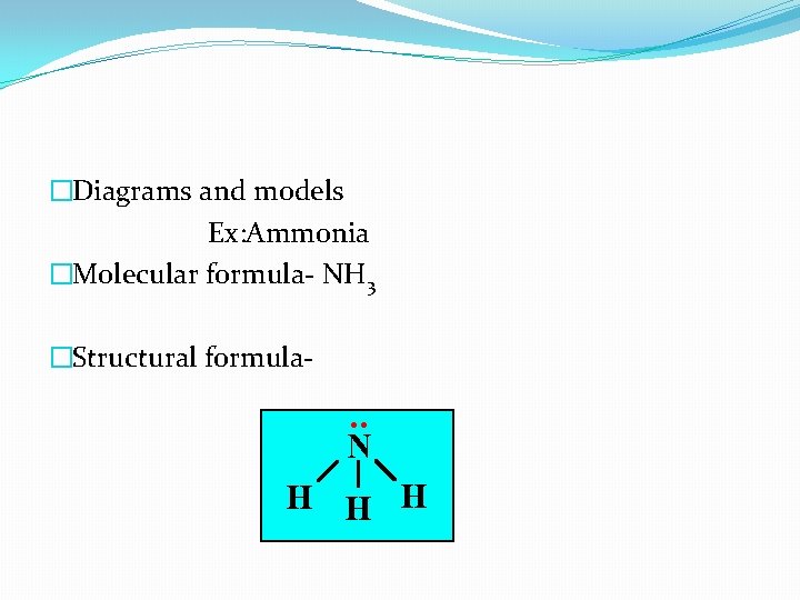 �Diagrams and models Ex: Ammonia �Molecular formula- NH 3 �Structural formula- 