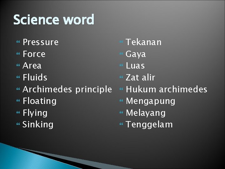 Science word Pressure Force Area Fluids Archimedes principle Floating Flying Sinking Tekanan Gaya Luas