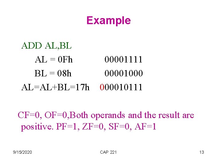Example ADD AL, BL AL = 0 Fh BL = 08 h AL=AL+BL=17 h