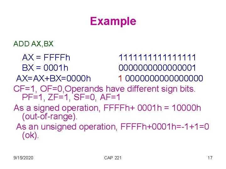 Example ADD AX, BX AX = FFFFh 11111111 BX = 0001 h 000000001 AX=AX+BX=0000